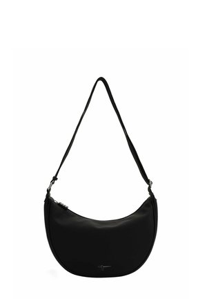 Black faux leather shoulder bag with a curved shape, a single strap, and silver hardware. Smooth texture with a minimalist design.