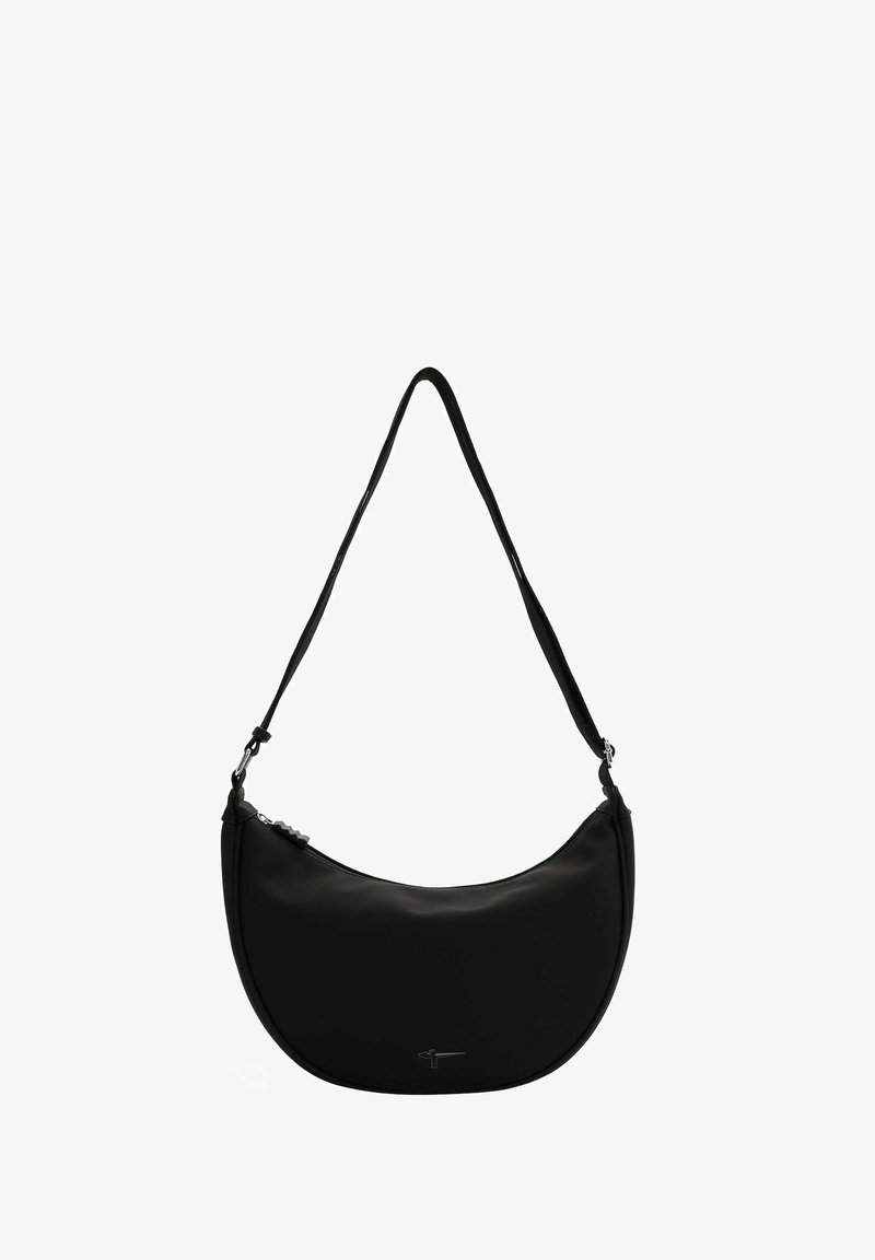 Schwarze Schultertasche aus Kunstleder mit einer geschwungenen Form, einem einzelnen Riemen und silbernem Zubehör. Glatte Textur mit einem minimalistischen Design.