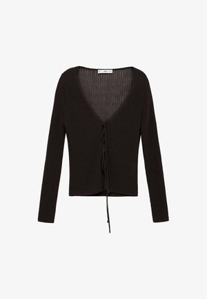 Schwarzer gerippter Strickcardigan mit langen Ärmeln, V-Ausschnitt und vorderem Bindebandverschluss. Strukturiertes Material und mittellange Schnittform.