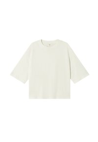 Cremfarbendes T-Shirt mit kurzen Ärmeln, aus weichem Material und lockerer Passform. Es hat einen runden Ausschnitt und ein schlichtes, unauffälliges Design.