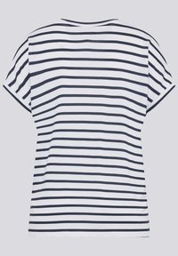 Striped short-sleeve t-shirt with a relaxed fit, featuring navy stripes on a white background, made of soft cotton material.
