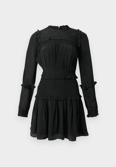 Rochie neagră cu mânecă lungă, cu bust elastic și talie smockată, detalii volan la umeri, manșete și tiv, fustă pliată și guler înalt.