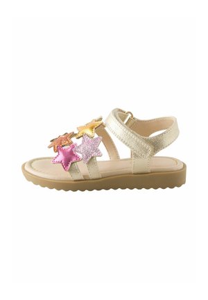 Child’s beige sandal with three straps adorned with pink, purple, gold, and orange glitter star decorations and a hook-and-loop ankle strap.