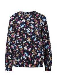 Top floreale blu navy a maniche lunghe con motivo astratto multicolore, orlo elasticizzato e scollatura a girocollo. Realizzato in tessuto morbido.