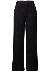 Pantaloni neri a gamba ampia realizzati in tessuto testurizzato, con dettagli decorativi in argento sui taschini anteriori e una vita piatta.