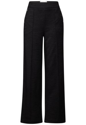 Pantalons noirs à jambes larges en tissu texturé, avec des accents décoratifs de boutons en argent sur les poches avant et une taille plate.
