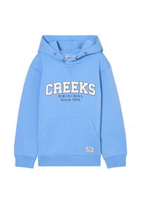 Felpa con cappuccio azzurro chiaro con tasca frontale, presenta la scritta bianca "CREEKS ORIGINAL Dal 1974" sul petto, polsini e bordo a coste.