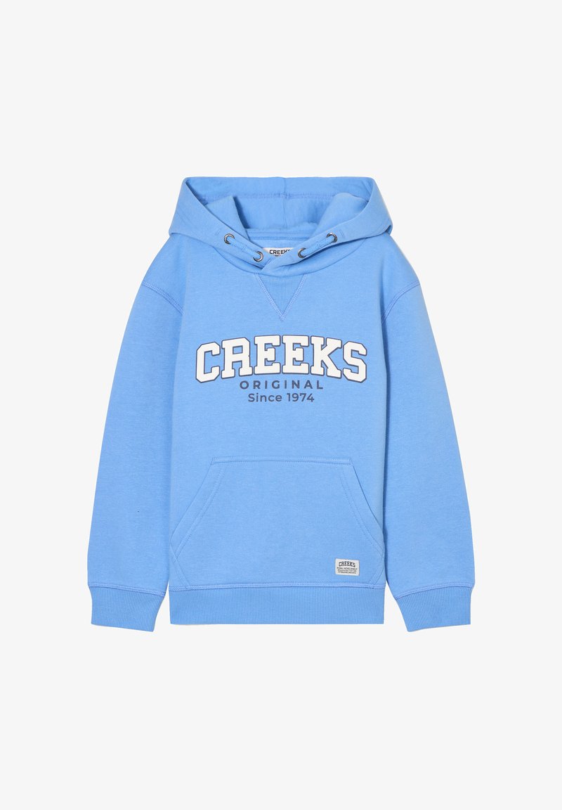 Sudadera con capucha de color azul claro con un bolsillo frontal, presenta el texto blanco "CREEKS ORIGINAL Desde 1974" en el pecho, puños y dobladillo acanalados.