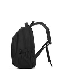 Zaino nero con numerosi scomparti con zip, pannello posteriore in rete imbottita, spallacci regolabili e una finitura in tessuto resistente.