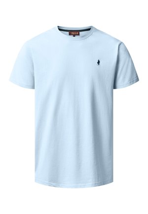 Light blue short-sleeve crew neck T-shirt with small dark embroidered logo on the left chest.