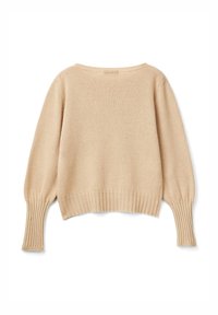 Beige Strickpullover mit langen, gerippten Ärmeln und Saum, von hinten auf einem weißen Hintergrund gezeigt.