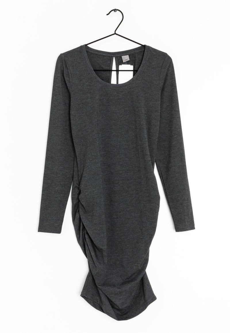 Robe grise à manches longues sur un cintre, avec un col rond, un détail noué sur le côté et une texture lisse et extensible.