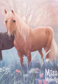 Cavallo dorato con una lunga criniera fluente sta in un campo erboso, accompagnato da un cavallo più scuro. Lo sfondo presenta colori pastello soffusi e alberi.