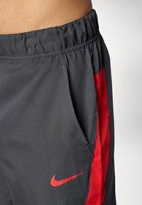 Shorts de sport Nike en tissu gris foncé avec un panneau latéral rouge. Présentent une taille élastique et une poche latérale avec un petit logo en accent.
