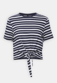 Navy och vit randig kortärmad t-shirt med rund halsringning och en knutdetalj fram vid midjan. Mjuk tygkänsla.