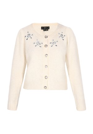 Cardigan color crema con scollatura rotonda, sei bottoni e ricami floreali con dettagli di perline sul petto. Tessuto morbido e testurizzato.