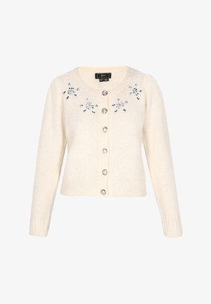 Cremfarbener Cardigan mit rundem Halsausschnitt, sechs Knöpfen und floralen Stickereien mit Perlenakzenten auf der Brust. Weicher, strukturierter Stoff.