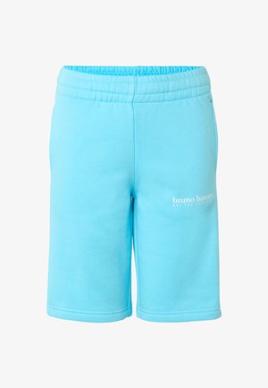 Jasnoniebieskie szorty z elastycznym pasem z małym białym logo i napisem "bruno banani" na prawej udzie, wykonane z miękkiego materiału.