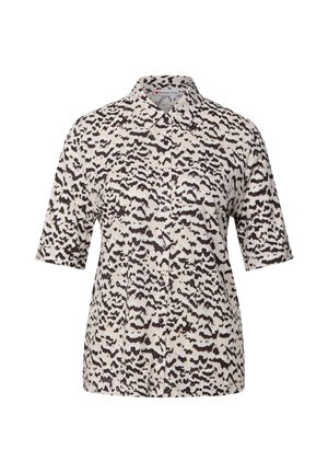 Chemise à manches courtes avec un fond beige clair et un motif léopard abstrait noir. Dispose de deux poches poitrine et d'un col.