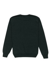 Dunkelgrüner gestrickter Pullover mit langen Ärmeln, rundem Ausschnitt, gerippten Bündchen und Saum, mit weicher Textur und einheitlicher Verarbeitung.