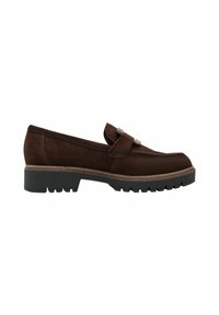 Brown suede loafer with a rounded toe, a strap across the instep, and a rugged black rubber sole featuring a textured tread pattern.