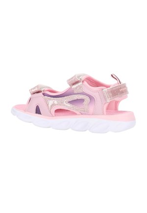 Rosa und violette Kindersandale mit glitzerndem Herzdesign, verstellbaren Riemen und dicker weißer Sohle.