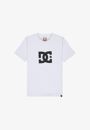 White short-sleeve T-shirt with a large black DC logo and star centered on the chest, displayed on a plain white background.