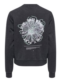 Chemise à manches longues gris foncé avec un grand motif floral abstrait et le texte "Live the moment, only plant" dans le dos.