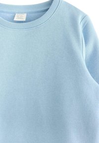 Ljusblå sweatshirt med ribbad rundhals, slät yta och långa ärmar. Gjord av ett mjukt material, perfekt för avslappnad användning.