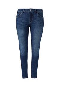 Donkerblauwe denim jeans met een slim fit, vijf zakken en subtiele stikdetails. De stof heeft een gladde textuur met een lichte vervaging.