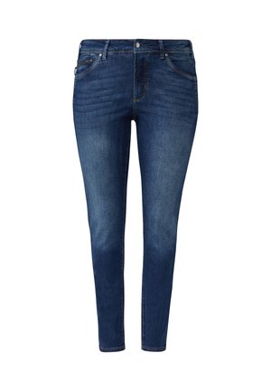 Dark blue denim jeans with a slim fit, five pockets, and subtle stitching details. The fabric has a smooth texture with a slight fade.