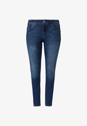 Jeans in denim blu scuro con vestibilità slim, cinque tasche e dettagli di cucitura sottili. Il tessuto ha una consistenza liscia con una leggera scoloritura.