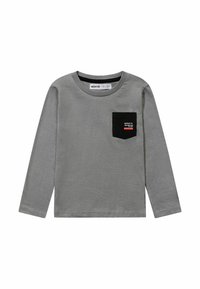 Long-sleeve gray T-shirt made of cotton, featuring a black pocket with white and red text, rounded neckline, and stitched hem.