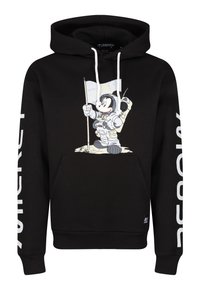 Felpa nera con tasca frontale, caratterizzata da un personaggio di un astronauta in stile cartoon. Corde bianche e testo bianco grande lungo le maniche.