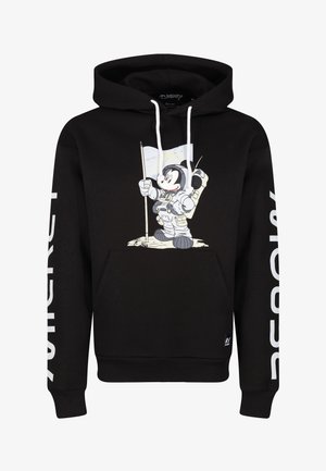 Black hoodie with a front pocket, featuring a cartoon astronaut character. White drawstrings and large white text along the sleeves.