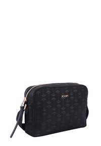 Borsa nera con zip, dotata di un motivo floreale testurizzato, con hardware in tono oro e una tracolla rimovibile per diverse opzioni di trasporto.