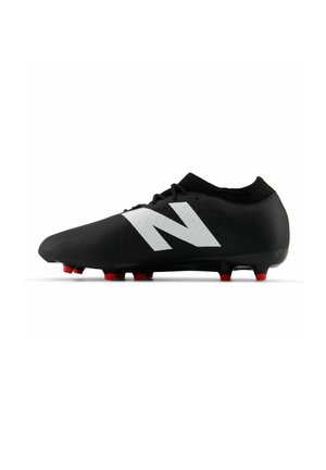 Black soccer cleat with a sleek design featuring a prominent white logo, red studs, and a textured upper for enhanced grip.