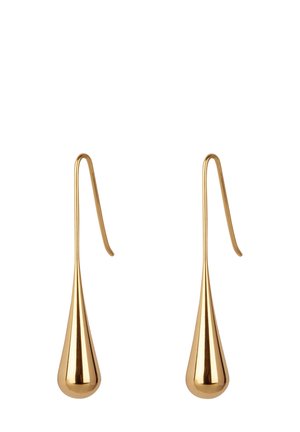 Pair of gold-tone metal drop earrings with elongated teardrop shapes and hook-style closures.