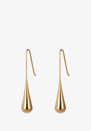 Paar Ohrhänger aus goldfarbenem Metall mit verlängerten Tropfenformen und Hakenverschluss.