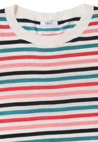 Haut en maille à col rond avec des rayures horizontales bleu sarcelle, rouge, rose, noir et blanc, et une étiquette "Cecil" au col.