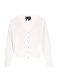 Witte gebreide cardigan met een V-hals, zeven knopen aan de voorkant en lange mouwen. De stof lijkt zacht en lichtgewicht.