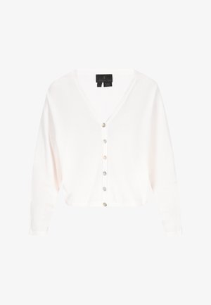 Cardigan bianco lavorato a maglia con scollo a V, sette bottoni davanti e maniche lunghe. Il tessuto sembra morbido e leggero.
