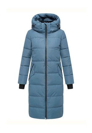 Blue padded coat with a high, drawstring hood, front zipper, and side pockets. Features black cuffs and a smooth finish.