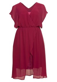Robe portefeuille bordeaux à manches courtes, en chiffon léger, dotée d'un décolleté en V et d'une taille élastique pour une coupe fluide.