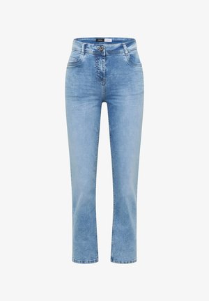 Lyseblå jeans med lige ben, forlommer, bæltestropper og knaplukning, designet til afslappet brug.