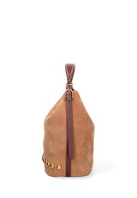 Borsa in pelle scamosciata marrone con una forma morbida, dotata di una tracolla in pelle marrone e dettagli circolari in metallo dorato lungo il fondo.