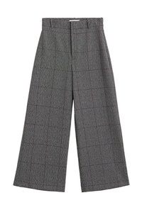 Pantalons larges gris à motif à carreaux, fabriqués en tissu texturé. Présentent une taille haute et un ourlet droit. Pas de poches visibles ni d'embellissements.