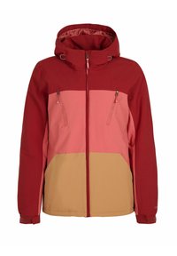 Rode en roze geïsoleerde jas met kap, voorzien van twee met rits afgesloten borstzakken, contrasterende kleuren en een gestructureerde stofafwerking.