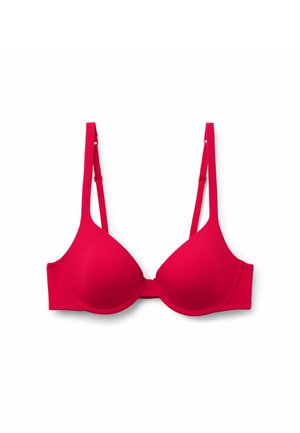Roter gepolsterter BH mit glatten Schalen, verstellbaren Trägern und Hakenverschluss. Hergestellt aus weichem Material mit nahtlosem Design und ohne sichtbare Muster.