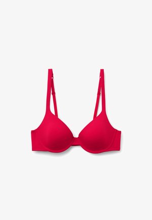 Roter gepolsterter BH mit glatten Schalen, verstellbaren Trägern und Hakenverschluss. Hergestellt aus weichem Material mit nahtlosem Design und ohne sichtbare Muster.